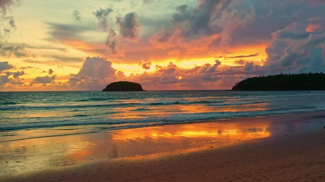 Aerial view of A breathtaking view of the sun setting over the ocean, casting warm golden hues across the waves and clouds while people enjoy the tranquil shoreline. Poo island Kata beach Phuket
