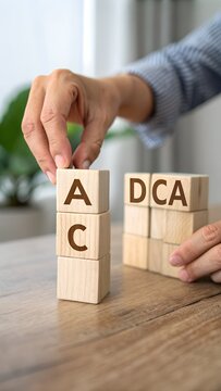 A person's hand placing a block labeled A beside DCA on three wooden blocks
