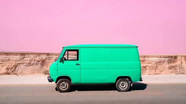 Vintage green panel van profile on highway with pink sky sandstone embankment and minimalist desert landscape