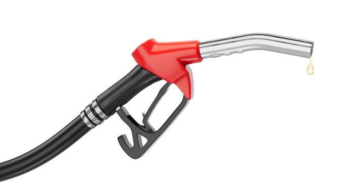 Fuel nozzle, gas pump nozzle with last drop of fuel isolated. The concept of a fuel energy crisis. 3d illustration