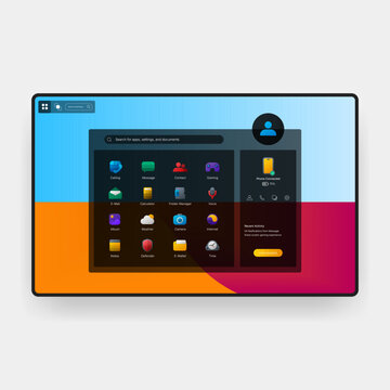 Modern desktop UI dashboard with app library and profile