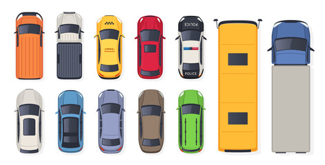 Top view vehicle set, taxi police car bus pickup truck cargo van sedan SUV collection. Transport, navigation, logistics, fleet, city map, mobility app design. Vector illustration © Ukio.stock