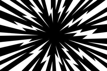 Speed line jagged lightning background. Black and white lightning rays radiating from center. Explosive speed, shock, motion and intense energy impact. Comic action, game graphics. Vector overlay © Ukio.stock