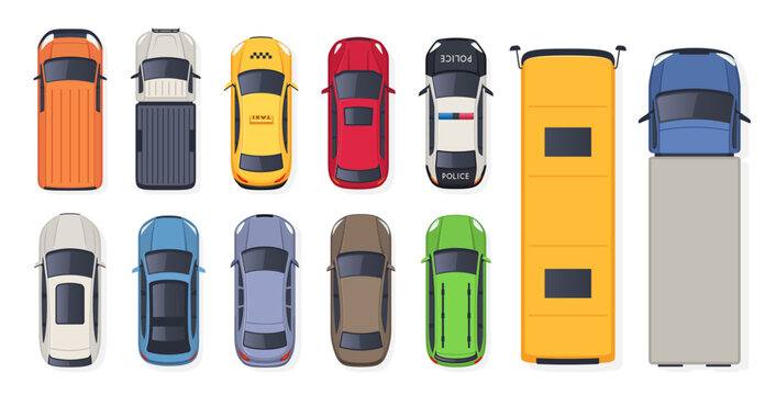 Top view vehicle set, taxi police car bus pickup truck cargo van sedan SUV collection. Transport, navigation, logistics, fleet, city map, mobility app design. Vector illustration