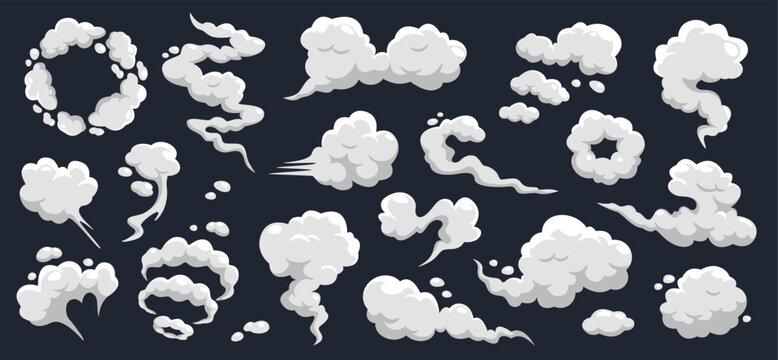 Cartoon smoke cloud set, white steam puffs, swirl trails, gray dust and explode comic effect elements. Game asset, animation overlay motion design. Flat shaded Vector illustration