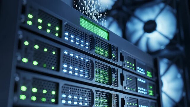 Modern data center server rack with blinking green LED lights, high performance cloud computing hardware, network storage system in dark room