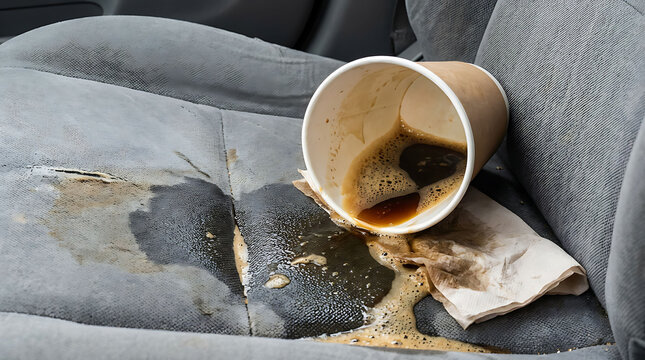 A disposable paper coffee cup spills dark coffee onto a fabric car seat, leaving a large wet stain and a piece of soaked paper napkin
