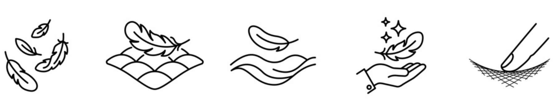 A set of minimalist contour icons including feathers, a quilted surface, a hand and fabric texture, symbolizing comfort, softness, weightlessness and quality care. Vector illustration.