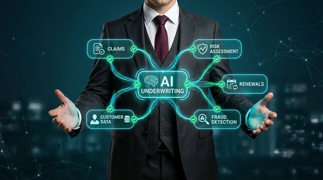 Businessman presenting AI underwriting concept with futuristic interface