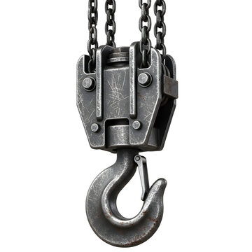 Industrial lifting hook with chain isolated on transparent background