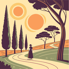 Obraz premium Summer landscape of a road leading to the sea with trees and hills