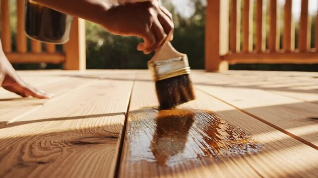 Applying wood stain to a wooden deck, person using a paintbrush for exterior home improvement and maintenance
