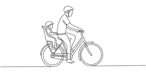 Continuous line drawing, bicycle rider with child seat, family cycling, minimalist vector illustration © SHANTO
