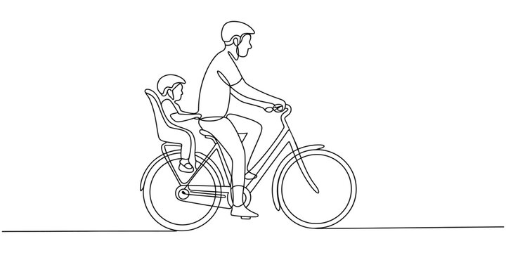 Continuous line drawing, bicycle rider with child seat, family cycling, minimalist vector illustration