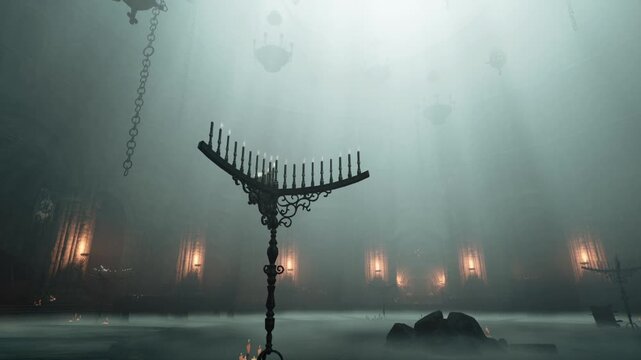 A dimly lit chamber features a large ornate candelabrum at the center, illuminated by flickering candles. Fog fills the air, casting an eerie ambiance with soft shadows on the stone walls.