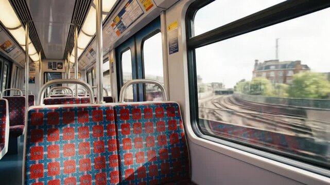 Empty interior of a train carriage with patterned seating and a view of the city passing by the window