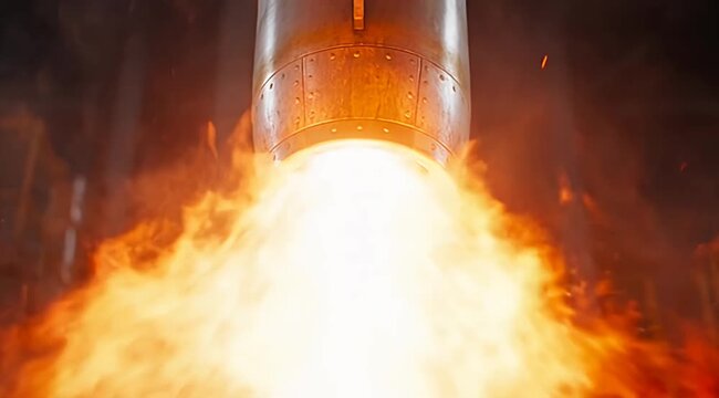 Rocket engine blast with powerful fire exhaust, cinematic space shuttle launch propulsion, glowing orange flames from spacecraft thruster nozzle