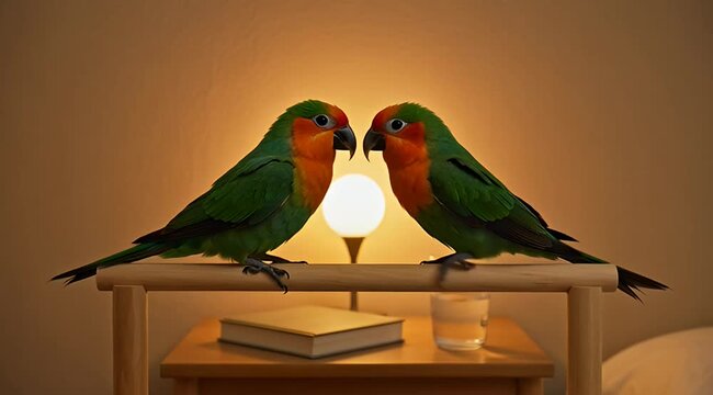Pair of colorful lovebirds on wooden perch, exotic green parrots in cozy home interior, tropical birds sitting by warm lamp light
