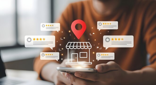 Person checking online business reviews and location ratings on a mobile phone