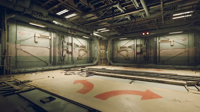 An empty industrial hallway features large arrows painted on the floor. The weathered walls exhibit machinery and support beams, creating a gritty atmosphere.