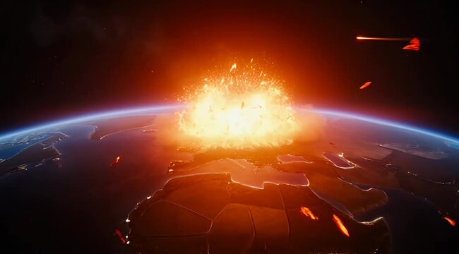 Cinematic planetary explosion over earth in space, massive fireball impact on globe surface, apocalyptic sci-fi disaster scene with glowing debris