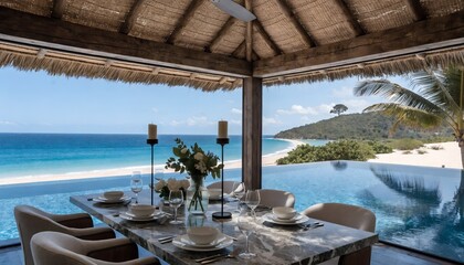 Obraz premium A view from a dining table looking out to a beautiful beach and infinity pool