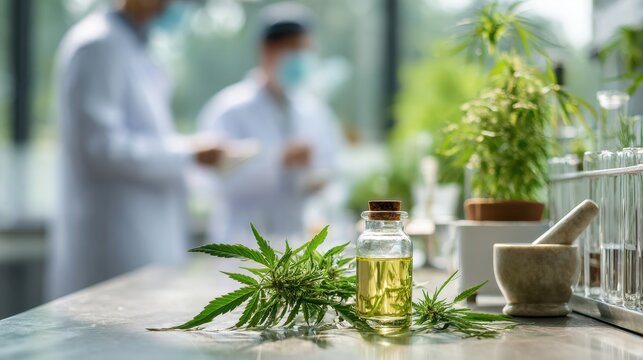 Medical professionals review hemp-based medicine: dropper bottle with cbd oil beside hemp leaves in a clinical laboratory