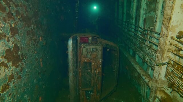 Camera moving forwards approaching the automobile lying on its side inside hold of wreck Salem Express ferry, Slow motion of machine in the luggage compartment of the sunken ship