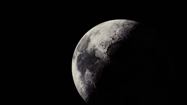 The crescent moon shines brightly in the dark night sky, showcasing its textured surface and illuminated edges. Stars twinkle subtly in the background.