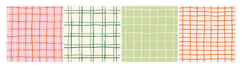 Gingham check patterns set. Checkered plaid backgrounds, seamless endless repeating prints. Abstract drawn geometric lines, tartan and chequered textures for cloth design. Flat vector illustrations