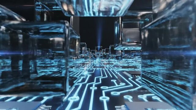 Futuristic circuit board with data transmission through processors and geometric shapes illustrating technology