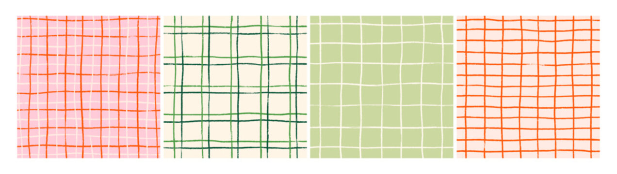 Gingham check patterns set. Checkered plaid backgrounds, seamless endless repeating prints. Abstract drawn geometric lines, tartan and chequered textures for cloth design. Flat vector illustrations