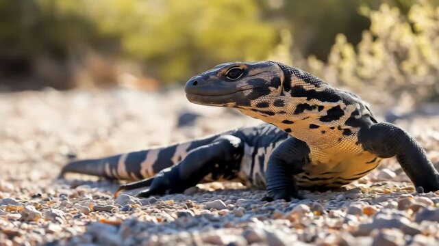 Close up of a venomous Gila monster Heloderma suspectum crawling across rocky desert ground in daylight.