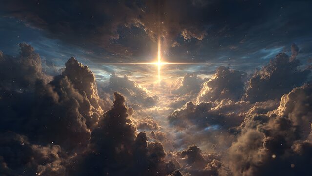 Divine Cross in Celestial Sky with Dramatic Light and Heavenly Clouds for Religious and Spiritual Artwork