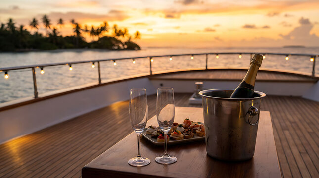 A bottle of champagne in an ice bucket, two glasses, and appetizers on a wooden table on a yacht deck, with a tropical sunset