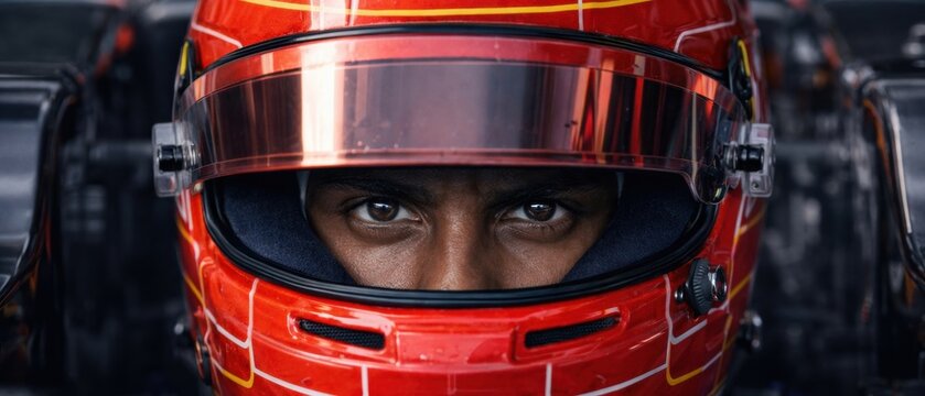 Formula One racing driver in red helmet with intense look ready for race. Concept of competitive energy, aggressive racing mindset, adrenaline rush moment, peak performance focus. Banner