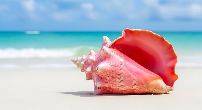 Vibrant pink conch shell on pristine white sandy beach with turquoise ocean waves in background