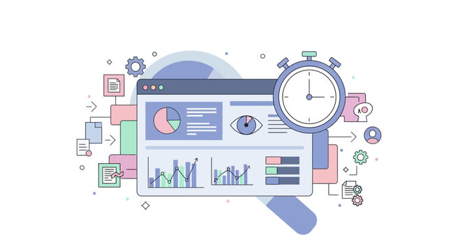 Website Analytics Dashboard with Stopwatch and Magnifying Glass Illustration.