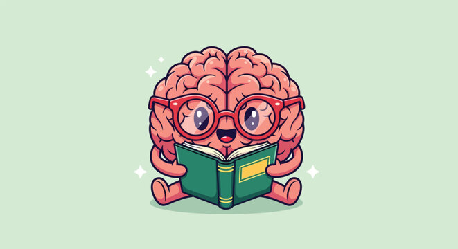 Cute cartoon brain wearing glasses reading a book.