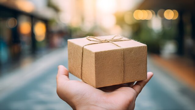 Hand holding a small brown cardboard gift box tied with twine.