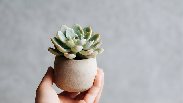 Hand holding a small potted succulent plant against a textured background.