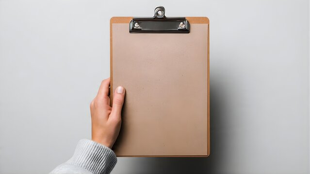 Hand Holding Blank Clipboard with Copy Space.