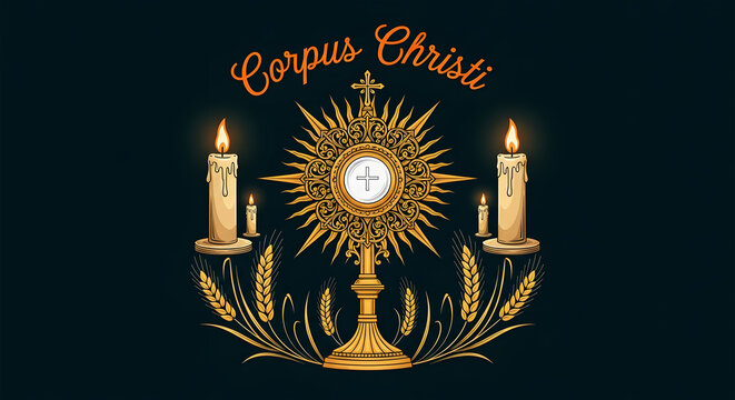 Golden Corpus Christi monstrance with candles and wheat on dark background religious