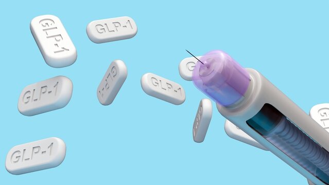 3D Medical Visualization of GLP-1 Therapy: An Injectable Pen and Surrounding Tablets with "GLP-1" Text, Illustrating Oral and Subcutaneous Agonist Options