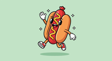 Fototapeta premium Happy Cartoon Hot Dog Character Waving Hello.