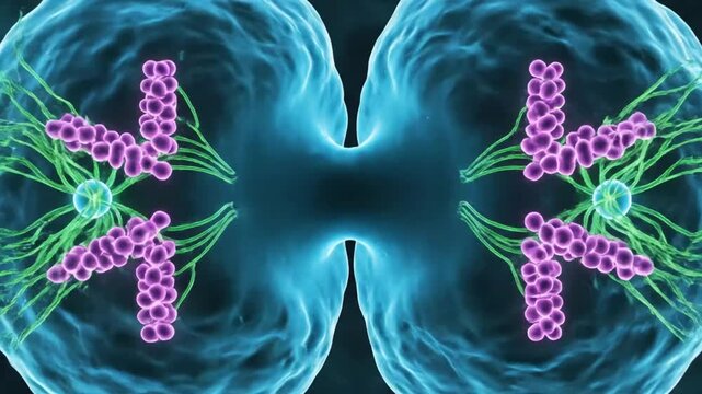 Cell division animation showing the stages of mitosis, creating two identical daughter cells, microscopic biology