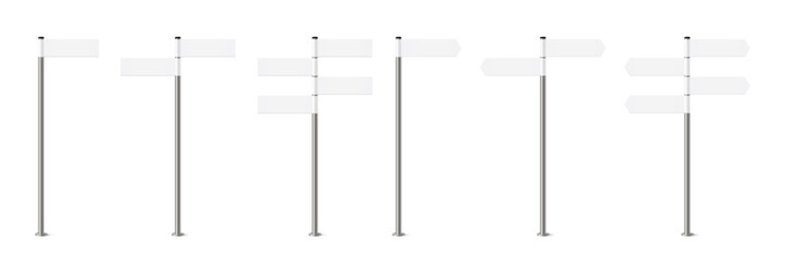 Traffic street sign collection with directional arrows. Blank road signage on poles, realistic outdoor signpost boards for highway navigation, urban wayfinding and travel routes. © backup16