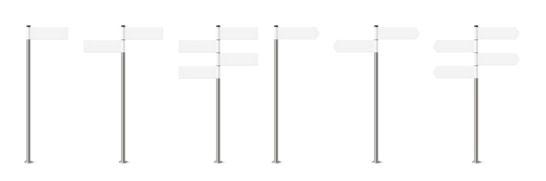 Traffic street sign collection with directional arrows. Blank road signage on poles, realistic outdoor signpost boards for highway navigation, urban wayfinding and travel routes.