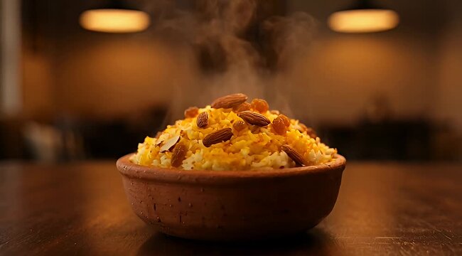 Steaming hot saffron rice with almonds in clay bowl, traditional yellow basmati pilaf with nuts, aromatic gourmet indian cuisine served in restaurant