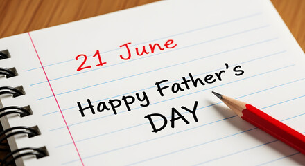 Obraz premium Happy Fathers Day 21 June handwritten message on lined notebook page with pencil twenty